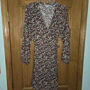 LOFT Floral Wrap Dress - Black, White, Brown